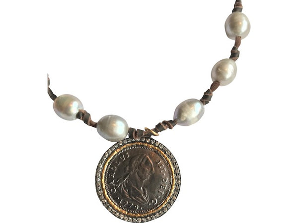 White Pearl Necklace with Coin