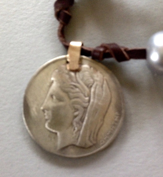 Silver Grey Pearl Necklace (or Bracelet) with 1930 Greek Coin