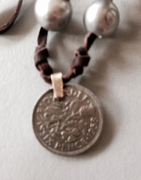 Silver Grey Pearl Necklace (or Bracelet) with 1958 Six Pence