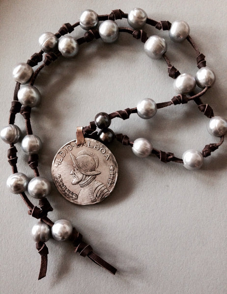 Silver Grey Pearl Necklace (or Bracelet) with Replublic of Panama Coin