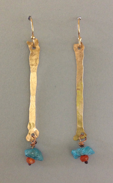 Gold Bar Earring with Turquoise and Carnelian Drop