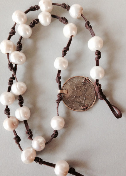 White Pearl Necklace (or Bracelet)  with 1968 Kenyan Coin