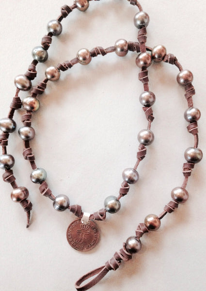Green Peacock Pearl Necklace (or Bracelet) with 1863 German Coin