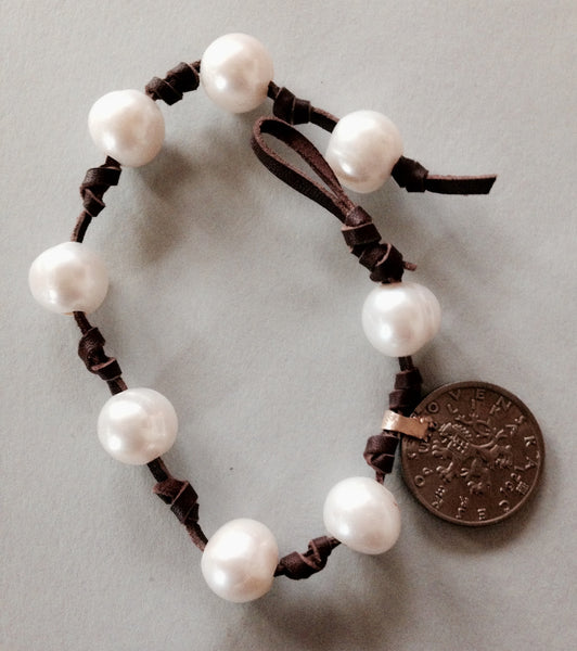 White Pearl Bracelet with 1921 Czechoslovakian Coin