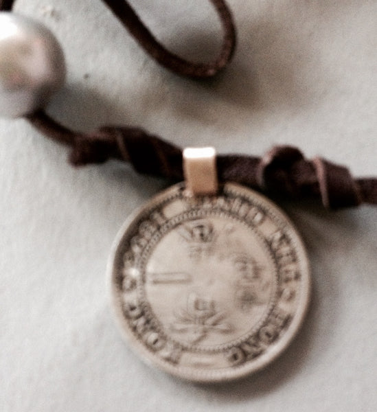 Silver Grey Pearl Necklace (or Bracelet) with 1895 Hong Kong Coin