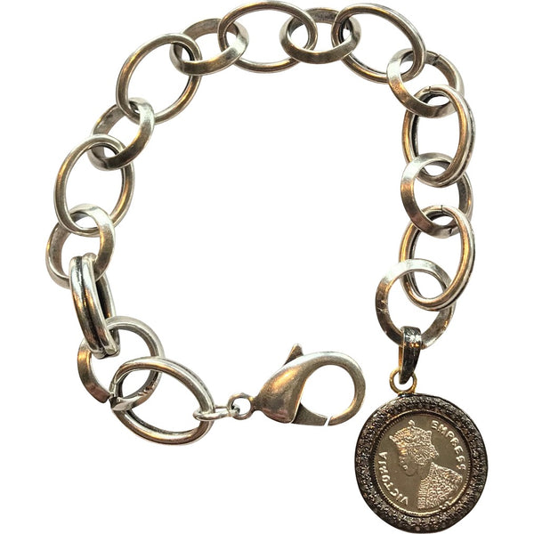 Large Link Bracelet with Pave Diamond Coin