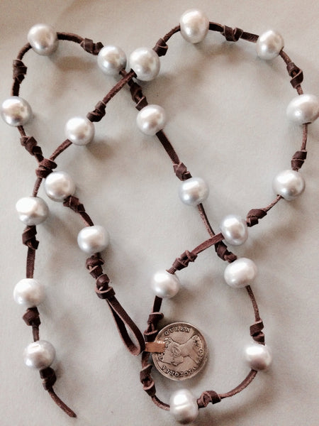 Silver Grey Pearl Necklace (or Bracelet) with 1895 Hong Kong Coin