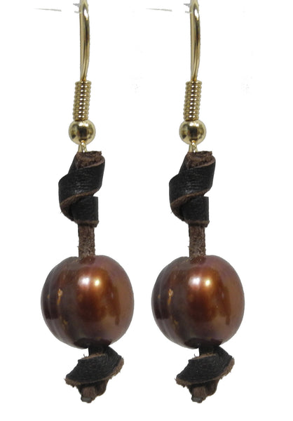 Golden Brown Pearl Earring with Leather
