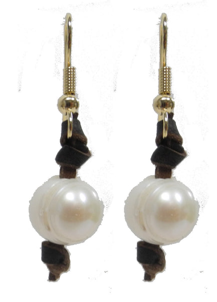 White Pearl Earrings with Leather